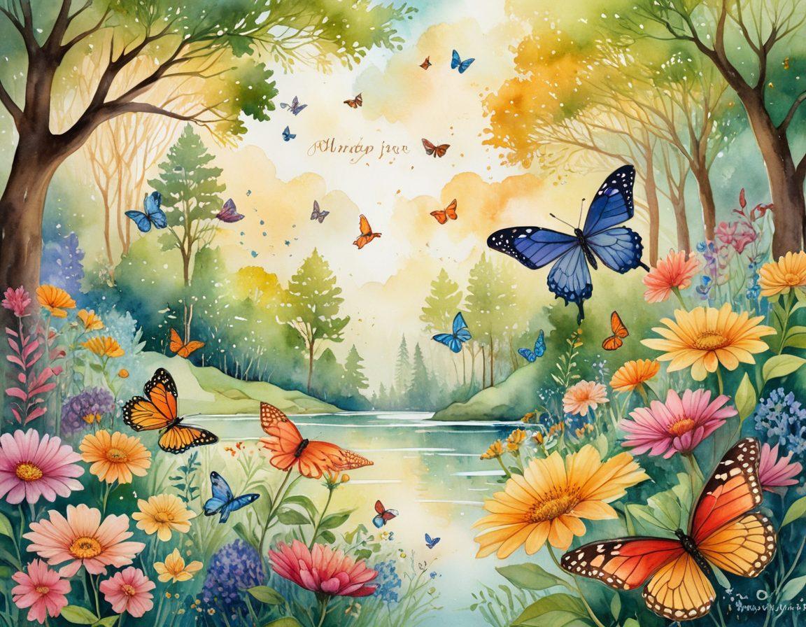 A whimsical and enchanting scene featuring a collage of beautifully illustrated words floating in the air, each word represented in vibrant colors with intricate designs, surrounded by delicate definitions that dance around them. The background should showcase a lush, dreamy landscape filled with blooming flowers and butterflies, symbolizing the beauty of language. Include a soft sunlight filtering through the trees to enhance the magical atmosphere. watercolor illustration. vibrant colors. dreamy aesthetics.