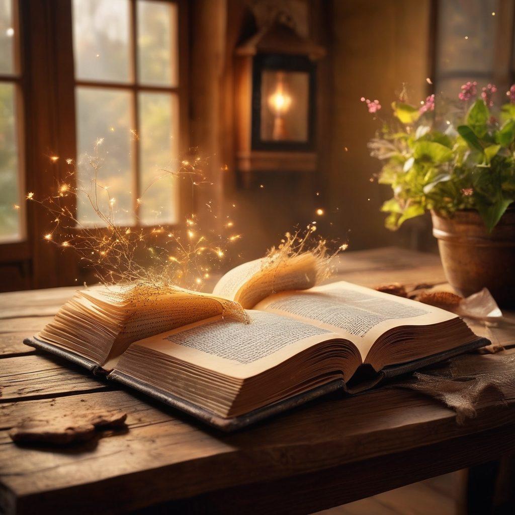 An enchanting open book with shimmering words floating above its pages, symbolizing beautiful vocabulary. Surround the book with glowing gems and sparkles representing lexical treasures, set on a wooden table. Use a soft, warm light to create a cozy atmosphere that invites exploration of words. Include subtle illustrations of mythical creatures and nature elements in the background to add depth and imagination. super-realistic. vibrant colors. soft focus.